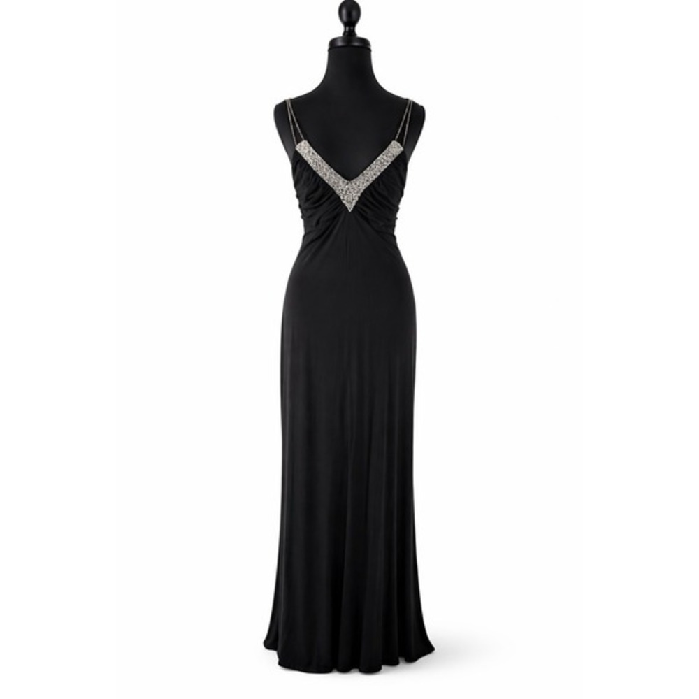 VTG Dave & Johnny Black Beaded Back Prom Gown SZ 13/14 (L ) Lined Hoco Y2K Slit